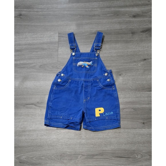90s Y2K Simply Basic Denim Blue Airplane Toddler Shortalls Size 3T Vintage - Picture 1 of 10